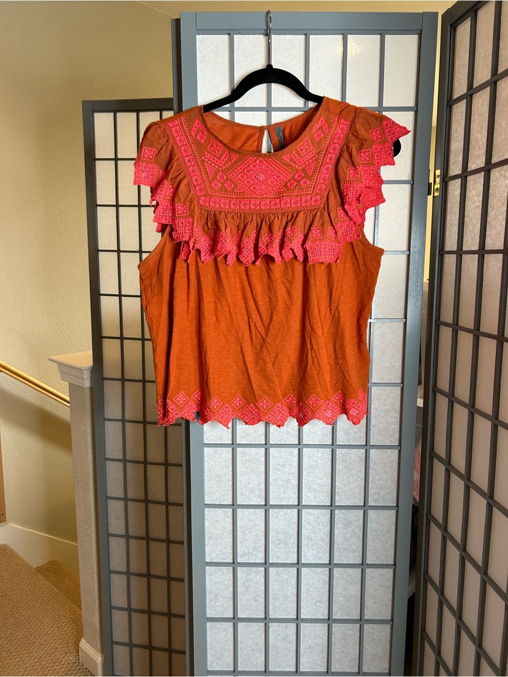 Anthropologie Orange Tank Top with Pink Embroidered Ruffle Yoke